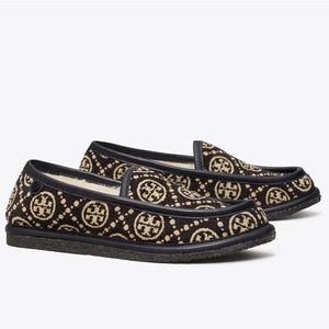 Tory Burch T Monogram Buddy Shearling Loafer Black Jacquard 9 Slip On NWT